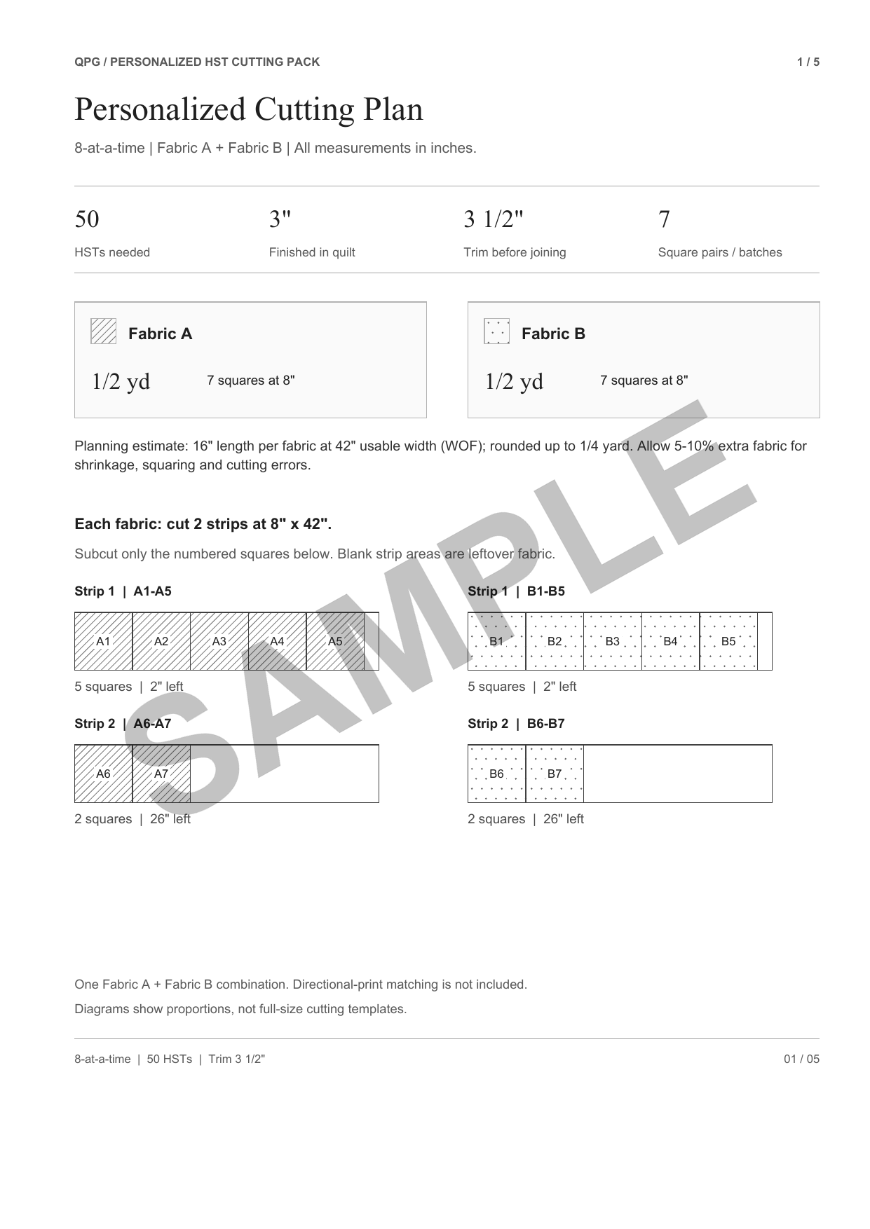 Watermarked A4 sample of a personalized cutting plan for 50 HSTs at 3 inches finished, 8 at a time